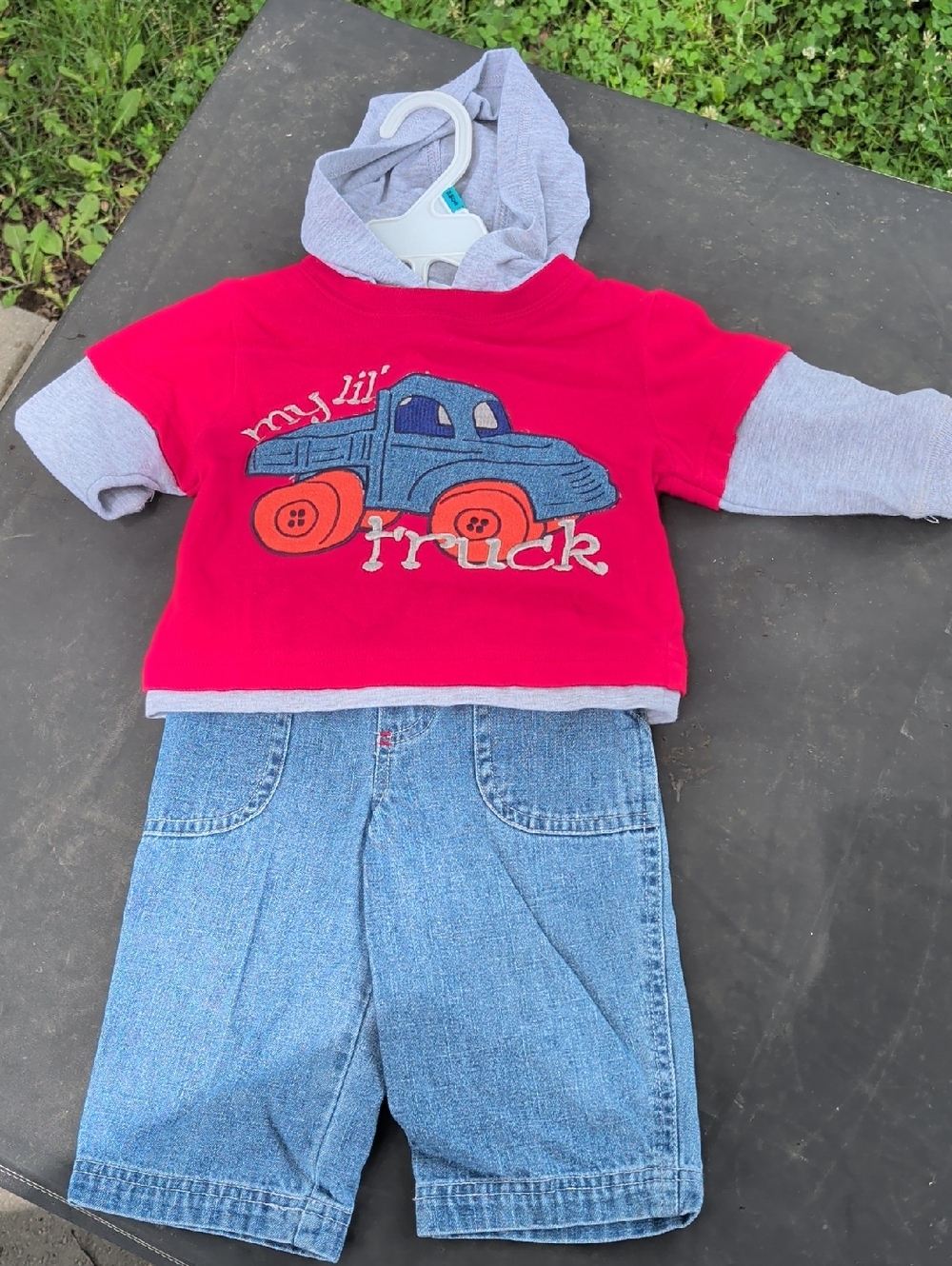 Red Hoodie Top with Blue Truck Graphic and Matching Blue Jeans